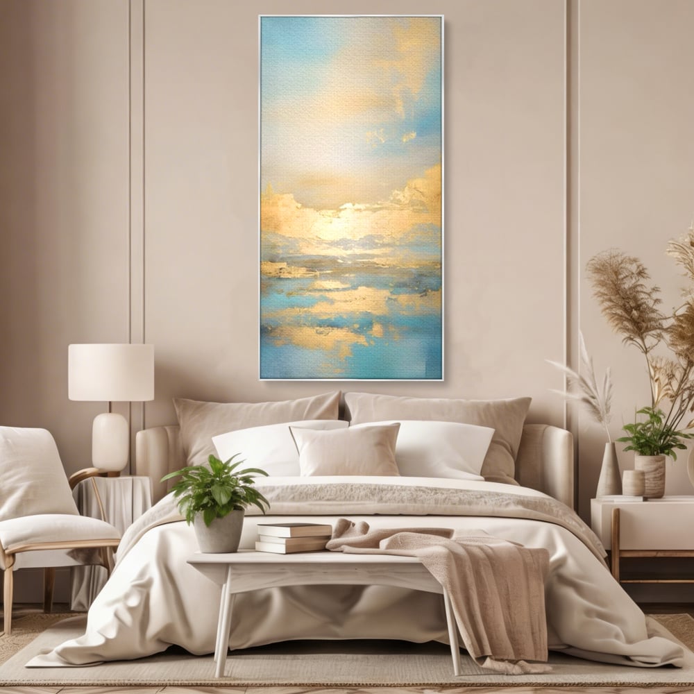 Tablou canvas cu tablou canvas cu peisaj marin abstract, in rama de aluminiu argintiu, pe perete intr-un dormitor